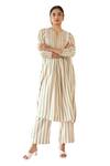 Buy_Baise Gaba_Off White Rayon Moss Print Stripe Notched Neck Sepia Kurta With Pant  _Online_at_Aza_Fashions