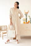 Shop_Baise Gaba_Off White Rayon Moss Print Stripe Notched Neck Sepia Kurta With Pant  