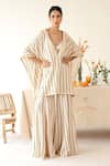 Buy_Baise Gaba_Off White Rayon Moss Print Stripe V Neck Harmony Kaftan Top Pant Set  _at_Aza_Fashions