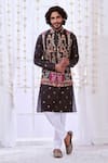 Buy_Taroob_Black Fine Wool Embroidery Kalamkari Majestic Darbar Bundi And Kurta Set  _Online_at_Aza_Fashions