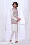 Buy_Taroob_White Fine Wool Embroidery Thread Floral Bundi And Kurta Set _Online_at_Aza_Fashions