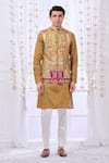 Buy_Taroob_Yellow Fine Wool Embroidery Kalamkari Thread Darbar Nehru Jacket  