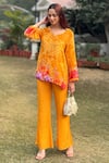 Buy_Be Chic_Yellow Natural Crepe Print Dewdrop Flora Notched Collar Top With Bootcut Pant _at_Aza_Fashions