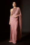 Buy_Itrh_Peach Net Embellished Scarab Serenity Pre-stitched Saree With Blouse  _at_Aza_Fashions