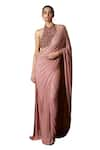 Itrh_Peach Net Embellished Scarab Serenity Pre-stitched Saree With Blouse  _Online_at_Aza_Fashions