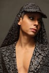 Shop_Itrh_Black Crystal Boxy Chic Embellished Cap With Attached Scarf _at_Aza_Fashions