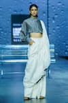 Buy_DIKSHA KHANNA_Ivory Denim Plain Collared Pre-draped Pant Saree With Cropped Shirt _at_Aza_Fashions