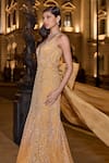 Shop_Seema Gujral_Gold Net Embroidered Pearls Plunged V Neck Gown  _at_Aza_Fashions