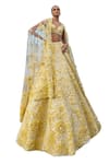 Shop_Seema Gujral_Yellow Net Embroidered 3d Florals Plunged Leaf Lehenga Set _at_Aza_Fashions