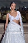 Seema Gujral_White Net Embroidered Sequins Plunged Leaf Bridal Lehenga Set _Online