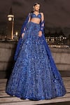 Seema Gujral_Blue Net Embroidered Sequins Plunged V Geometric Lehenga Set _at_Aza_Fashions