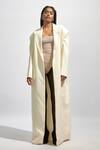 Buy_Deme By Gabriella_Off White Lycra Solid Lapel Collared Trench Coat _at_Aza_Fashions