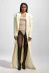 Buy_Deme By Gabriella_Off White Lycra Solid Lapel Collared Trench Coat _Online_at_Aza_Fashions