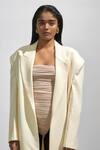 Shop_Deme By Gabriella_Off White Lycra Solid Lapel Collared Trench Coat _at_Aza_Fashions