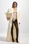 Deme By Gabriella_Off White Lycra Solid Lapel Collared Trench Coat _at_Aza_Fashions
