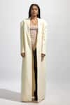 Buy_Deme By Gabriella_Off White Lycra Solid Lapel Collared Trench Coat 