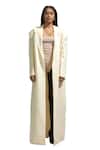 Shop_Deme By Gabriella_Off White Lycra Solid Lapel Collared Trench Coat 
