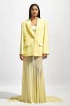 Shop_Deme by Gabriella_Yellow Malai Lycra Solid Lapel Collar Full Sleeve Blazer_at_Aza_Fashions
