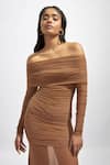 Shop_Deme by Gabriella_Beige Net Solid Off Shoulder Ruched Dress _at_Aza_Fashions