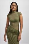 Shop_Deme By Gabriella_Green Net, Modal, Lycra High Neck Solid Knotted Dress _at_Aza_Fashions