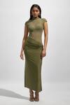 Shop_Deme By Gabriella_Green Net, Modal, Lycra High Neck Solid Knotted Dress _Online_at_Aza_Fashions