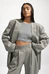 Buy_Deme by Gabriella_Grey Suiting And Jersey Solid Boat Neck Crop Top _at_Aza_Fashions
