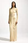 Buy_Deme by Gabriella_Off White Malai Lycra Solid Turtle Neck Ruched Draped Maxi Dress _at_Aza_Fashions