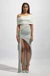 Buy_Deme By Gabriella_Grey Net Off-shoulder Solid Off High Low Ruched Dress _Online_at_Aza_Fashions