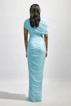 Deme by Gabriella_Blue Net Solid High Neck Draped And Pleated Maxi Dress _Online_at_Aza_Fashions