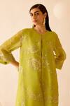 Shop_Bunka_Green Silk Organza Embroidery, Amara Rosa Print Jacket Kurta With Camisole 