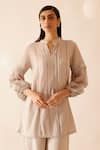 Buy_Bunka_Beige 100% Cotton Embroidery Floret Stand Collar Cecile And Lace Tunic _at_Aza_Fashions