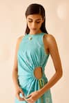 Shop_Bunka_Blue Cotton Satin Embroidery Round Neck Pia Floral Pattern Side Cut-out Dress _Online_at_Aza_Fashions
