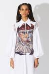 Buy_Quod_White Cotton Collared Figurine Print Ruff Dress_Online_at_Aza_Fashions