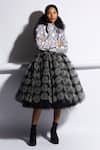 Buy_Quod_Black 70% Nylon 30% Silk Printed Polka Checks Gathered Skirt _at_Aza_Fashions