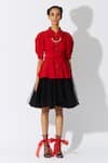 Quod_Red 40% Cotton 60% Nylon Ruffle Color Blocked Placket Ballet Dress  _Online_at_Aza_Fashions