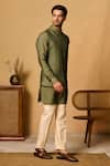 Shop_Philocaly_Green Silk Blend Embroidered Thread Aranya Layered Bundi Kurta Set 