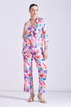 Shop_Zosia_Multi Color Linen Satin Printed Floral Collared Arina Top And Pant Set  _at_Aza_Fashions