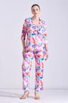 Buy_Zosia_Multi Color Linen Satin Printed Floral Collared Arina Top And Pant Set  