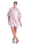 Zosia_Pink Linen Satin Printed Abstract Round Maria Floral Short Dress _Online_at_Aza_Fashions