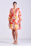 Buy_Zosia_Orange Luxury Satin Georgette Printed Abstract Porto Ruffle Dress  _Online_at_Aza_Fashions