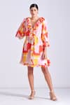 Shop_Zosia_Orange Luxury Satin Georgette Printed Abstract Porto Ruffle Dress  _Online_at_Aza_Fashions