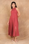 Buy_The Right Cut_Red 100% Linen Embroidery Persian Leaf Cutwork Halter Neck Midi Dress _at_Aza_Fashions