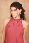 Shop_The Right Cut_Red 100% Linen Embroidery Persian Leaf Cutwork Halter Neck Midi Dress _Online_at_Aza_Fashions