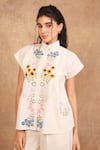 The Right Cut_Ivory Handloom Organic Cotton Embroidery Sunflower Bloom Kimono Shirt With Pant _at_Aza_Fashions