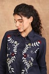 Shop_The Right Cut_Blue 100% Linen Embroidery Marigold Ray Collar Neck Shirt _Online_at_Aza_Fashions