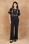 Buy_The Right Cut_Black Organic Cotton Embroidery Rose Aztec Collar Neck Jacket Pant Set _at_Aza_Fashions