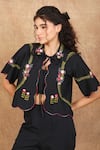 The Right Cut_Black Organic Cotton Embroidery Rose Aztec Collar Neck Jacket Pant Set _at_Aza_Fashions