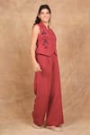 Shop_The Right Cut_Red 100% Linen Embroidery Blossom Lapel Birds Of Paradise Flora Vest With Pant _Online_at_Aza_Fashions