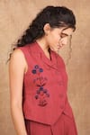 The Right Cut_Red 100% Linen Embroidery Blossom Lapel Birds Of Paradise Flora Vest With Pant _at_Aza_Fashions