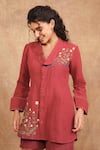 The Right Cut_Red 100% Linen Hand Embroidered Floral Peter Pan Lily Of The Valley Shirt _at_Aza_Fashions